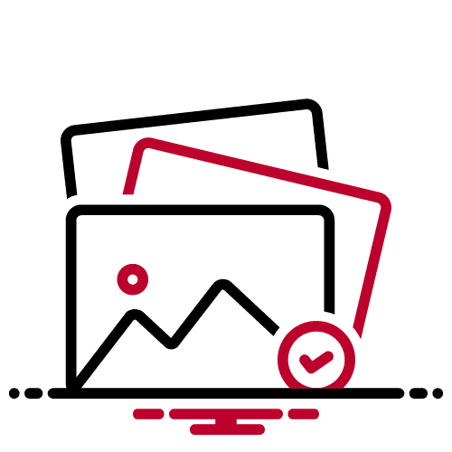 Icon depicting overlapping photos with a checkmark.