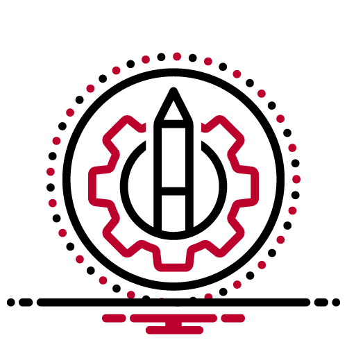 A pencil inside a gear symbolizing creativity and engineering.